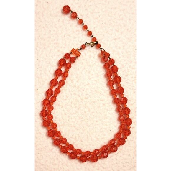 Vtg 1950s Red Celluloid Beaded Necklace Choker Signed Germany Screwback Earrings - Picture 3 of 7